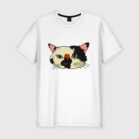 Мужская футболка хлопок Slim с принтом Милая мордочка сердитого кота в Петрозаводске, 92% хлопок, 8% лайкра | приталенный силуэт, круглый вырез ворота, длина до линии бедра, короткий рукав | Тематика изображения на принте: art | cat | cat face | cats | cute | grumpy | home | kawaii | kitten | kitty | pussycat | арт | кавайи | котейка | котёнок | котик | котяра | кошечка | кошка | лицо | милота | моська | рисунок | смешные животные | сны | сон | устав