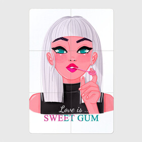 Магнитный плакат 2Х3 с принтом Love is sweet gum в Петрозаводске, Полимерный материал с магнитным слоем | 6 деталей размером 9*9 см | девушка | девушка блондинка | девушка с жвачкой | жвачка | платиновый блонд | яркие цвета | яркий образ