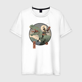 Мужская футболка хлопок с принтом Самурай на тирексе в Петрозаводске, 100% хлопок | прямой крой, круглый вырез горловины, длина до линии бедер, слегка спущенное плечо. | Тематика изображения на принте: самурай аниме динозавр  тирекстиронозавр китай япония мечь  война
