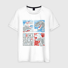 Мужская футболка хлопок с принтом Rock Star Dino Динозавр геймер в Петрозаводске, 100% хлопок | прямой крой, круглый вырез горловины, длина до линии бедер, слегка спущенное плечо. | dino | games | roar | rock | rock star | t rex | дино | динозавр | динозавры | рок | рокер