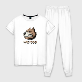 Женская пижама хлопок с принтом MAD DOG в Петрозаводске, 100% хлопок | брюки и футболка прямого кроя, без карманов, на брюках мягкая резинка на поясе и по низу штанин | mad dog | животное | злая собака | питбуль | рисунок | собака
