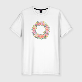 Мужская футболка хлопок Slim с принтом Цветочный Венок в Петрозаводске, 92% хлопок, 8% лайкра | приталенный силуэт, круглый вырез ворота, длина до линии бедра, короткий рукав | растение | рисунок | розы | цветочный венок | цветы