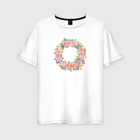 Женская футболка хлопок Oversize с принтом Цветочный Венок в Петрозаводске, 100% хлопок | свободный крой, круглый ворот, спущенный рукав, длина до линии бедер
 | растение | рисунок | розы | цветочный венок | цветы