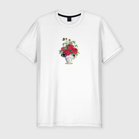 Мужская футболка хлопок Slim с принтом Розы в вазе в Петрозаводске, 92% хлопок, 8% лайкра | приталенный силуэт, круглый вырез ворота, длина до линии бедра, короткий рукав | ваза | растение | рисунок | розы | розы в вазе | цветы
