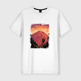 Мужская футболка хлопок Slim с принтом Рассвет в горах в Петрозаводске, 92% хлопок, 8% лайкра | приталенный силуэт, круглый вырез ворота, длина до линии бедра, короткий рукав | Тематика изображения на принте: горы | деревья | рассвет | туризм | турист