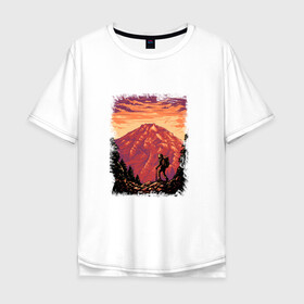 Мужская футболка хлопок Oversize с принтом Рассвет в горах в Петрозаводске, 100% хлопок | свободный крой, круглый ворот, “спинка” длиннее передней части | Тематика изображения на принте: горы | деревья | рассвет | туризм | турист