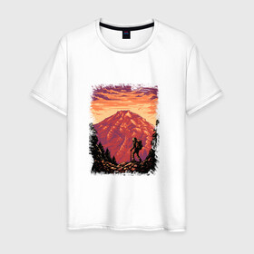 Мужская футболка хлопок с принтом Рассвет в горах в Петрозаводске, 100% хлопок | прямой крой, круглый вырез горловины, длина до линии бедер, слегка спущенное плечо. | горы | деревья | рассвет | туризм | турист