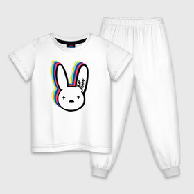 Детская пижама хлопок с принтом Bad Bunny logo в Петрозаводске, 100% хлопок |  брюки и футболка прямого кроя, без карманов, на брюках мягкая резинка на поясе и по низу штанин
 | Тематика изображения на принте: bad bunny | benito antonio martnez ocasio | hip hop | latin trap | logo | music | rap | rnb | singer | star | бенито антонио мартинес окасио | звезда | латинский трэп | логотип | музыка | певец | рнб | рэп | хип хоп