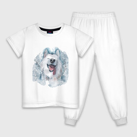 Детская пижама хлопок с принтом Самоед в Петрозаводске, 100% хлопок |  брюки и футболка прямого кроя, без карманов, на брюках мягкая резинка на поясе и по низу штанин
 | Тематика изображения на принте: животные | лайка | питомцы | самоед | самоедская лайка | собака | собаки