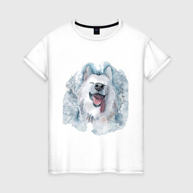 Женская футболка хлопок с принтом Самоед в Петрозаводске, 100% хлопок | прямой крой, круглый вырез горловины, длина до линии бедер, слегка спущенное плечо | животные | лайка | питомцы | самоед | самоедская лайка | собака | собаки
