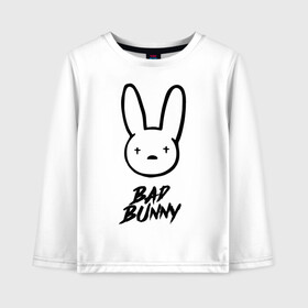 Детский лонгслив хлопок с принтом Bad Bunny лого в Петрозаводске, 100% хлопок | круглый вырез горловины, полуприлегающий силуэт, длина до линии бедер | Тематика изображения на принте: bad bunny | benito antonio martnez ocasio | hip hop | latin trap | logo | music | rap | rnb | singer | star | бенито антонио мартинес окасио | звезда | латинский трэп | логотип | музыка | певец | рнб | рэп | хип хоп