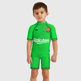 Детский купальный костюм 3D с принтом FC Barcelona | Goalkeeper 2021 22 в Петрозаводске, Полиэстер 85%, Спандекс 15% | застежка на молнии на спине | 0x000000123 | barca | barcelona | elclasico | la liga | messi | pre match | барса | барселона | классико | месси
