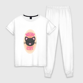 Женская пижама хлопок с принтом Котик в Петрозаводске, 100% хлопок | брюки и футболка прямого кроя, без карманов, на брюках мягкая резинка на поясе и по низу штанин | кот | котик | мяу | принт | принт с кошкой | розовый | цвет