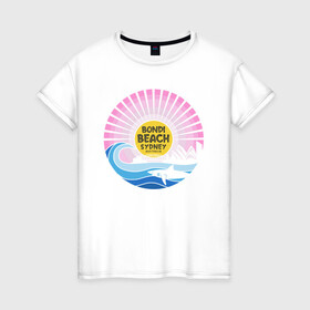 Женская футболка хлопок с принтом Bondi Beach Sydney в Петрозаводске, 100% хлопок | прямой крой, круглый вырез горловины, длина до линии бедер, слегка спущенное плечо | bondi | sydney | акула | восход | закат | море | отдых | пляж | рассвет | сидней | турист