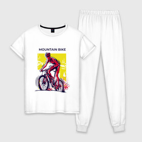 Женская пижама хлопок с принтом Mountain Bike велосипедист в Петрозаводске, 100% хлопок | брюки и футболка прямого кроя, без карманов, на брюках мягкая резинка на поясе и по низу штанин | bicycle sport | bmx | country | cross | extreme | flatland | track | байк | велокросс | велосипедный спорт | горный велосипед | кросс | кросс кантри | трайк | трек | триал | флэтлэнд | фрирайд | шоссейные велоспорт