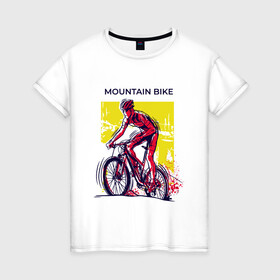 Женская футболка хлопок с принтом Mountain Bike велосипедист в Петрозаводске, 100% хлопок | прямой крой, круглый вырез горловины, длина до линии бедер, слегка спущенное плечо | bicycle sport | bmx | country | cross | extreme | flatland | track | байк | велокросс | велосипедный спорт | горный велосипед | кросс | кросс кантри | трайк | трек | триал | флэтлэнд | фрирайд | шоссейные велоспорт