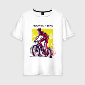 Женская футболка хлопок Oversize с принтом Mountain Bike велосипедист в Петрозаводске, 100% хлопок | свободный крой, круглый ворот, спущенный рукав, длина до линии бедер
 | bicycle sport | bmx | country | cross | extreme | flatland | track | байк | велокросс | велосипедный спорт | горный велосипед | кросс | кросс кантри | трайк | трек | триал | флэтлэнд | фрирайд | шоссейные велоспорт