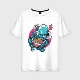 Женская футболка хлопок Oversize с принтом Anime Octopus eating Ramen в Петрозаводске, 100% хлопок | свободный крой, круглый ворот, спущенный рукав, длина до линии бедер
 | anime | cook | fish | food | japan | kanji | kraken | manga | octopus | ramen | волны | еда | кандзи | катакана | кок | лапша | море | надписи | океан | осьминог | палочки | повар | рыба | символы | хирагана | япония | японские иероглифы