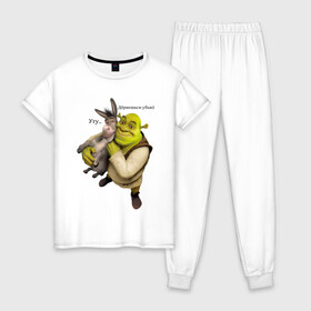 Женская пижама хлопок с принтом Shrek-Donkey в Петрозаводске, 100% хлопок | брюки и футболка прямого кроя, без карманов, на брюках мягкая резинка на поясе и по низу штанин | dreamworks | shrek | арт | лого | мультфильм | постер | шрек