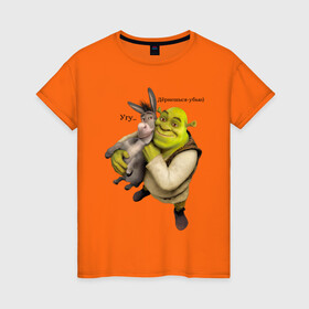 Женская футболка хлопок с принтом Shrek-Donkey в Петрозаводске, 100% хлопок | прямой крой, круглый вырез горловины, длина до линии бедер, слегка спущенное плечо | dreamworks | shrek | арт | лого | мультфильм | постер | шрек
