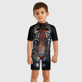 Детский купальный костюм 3D с принтом Цветной тигр в Петрозаводске, Полиэстер 85%, Спандекс 15% | застежка на молнии на спине | Тематика изображения на принте: злость | мощный | отличные глаза | тигр