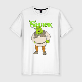 Мужская футболка хлопок Slim с принтом Shrek | Шрек (Z) в Петрозаводске, 92% хлопок, 8% лайкра | приталенный силуэт, круглый вырез ворота, длина до линии бедра, короткий рукав | dreamworks | shrek | зелёный огр | мульт | мультфильм | приключения