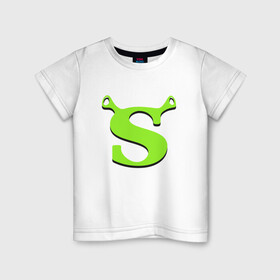 Детская футболка хлопок с принтом Shrek Logo (+спина) (Z) в Петрозаводске, 100% хлопок | круглый вырез горловины, полуприлегающий силуэт, длина до линии бедер | dreamworks | shrek | зелёный огр | мульт | мультфильм | приключения
