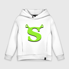 Детское худи Oversize хлопок с принтом Shrek Logo (+спина) (Z) в Петрозаводске, френч-терри — 70% хлопок, 30% полиэстер. Мягкий теплый начес внутри —100% хлопок | боковые карманы, эластичные манжеты и нижняя кромка, капюшон на магнитной кнопке | dreamworks | shrek | зелёный огр | мульт | мультфильм | приключения