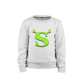 Детский свитшот хлопок с принтом Shrek Logo (+спина) (Z) в Петрозаводске, 100% хлопок | круглый вырез горловины, эластичные манжеты, пояс и воротник | dreamworks | shrek | зелёный огр | мульт | мультфильм | приключения