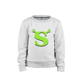 Детский свитшот хлопок с принтом Shrek Logo (+спина) (Z) в Петрозаводске, 100% хлопок | круглый вырез горловины, эластичные манжеты, пояс и воротник | Тематика изображения на принте: dreamworks | shrek | зелёный огр | мульт | мультфильм | приключения