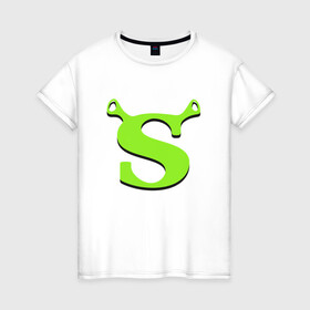 Женская футболка хлопок с принтом Shrek Logo (+спина) (Z) в Петрозаводске, 100% хлопок | прямой крой, круглый вырез горловины, длина до линии бедер, слегка спущенное плечо | dreamworks | shrek | зелёный огр | мульт | мультфильм | приключения