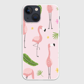 Чехол для iPhone 13 mini с принтом Фламинго в Петрозаводске,  |  | pink flamingo | листья | птицы | фламинго | цветы