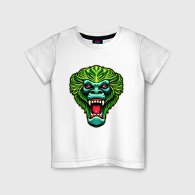 Детская футболка хлопок с принтом Злая зеленая обезьяна в Петрозаводске, 100% хлопок | круглый вырез горловины, полуприлегающий силуэт, длина до линии бедер | агрессия | зеленая | злая | зубы | обезьяна | оскал