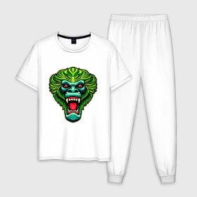 Мужская пижама хлопок с принтом Злая зеленая обезьяна в Петрозаводске, 100% хлопок | брюки и футболка прямого кроя, без карманов, на брюках мягкая резинка на поясе и по низу штанин
 | агрессия | зеленая | злая | зубы | обезьяна | оскал
