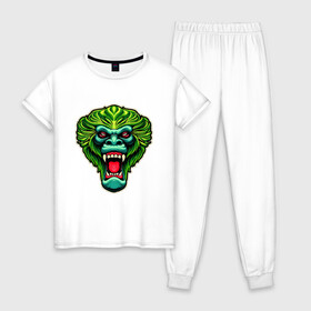 Женская пижама хлопок с принтом Злая зеленая обезьяна в Петрозаводске, 100% хлопок | брюки и футболка прямого кроя, без карманов, на брюках мягкая резинка на поясе и по низу штанин | агрессия | зеленая | злая | зубы | обезьяна | оскал