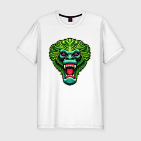 Мужская футболка хлопок Slim с принтом Злая зеленая обезьяна в Петрозаводске, 92% хлопок, 8% лайкра | приталенный силуэт, круглый вырез ворота, длина до линии бедра, короткий рукав | агрессия | зеленая | злая | зубы | обезьяна | оскал