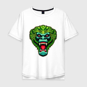Мужская футболка хлопок Oversize с принтом Злая зеленая обезьяна в Петрозаводске, 100% хлопок | свободный крой, круглый ворот, “спинка” длиннее передней части | агрессия | зеленая | злая | зубы | обезьяна | оскал