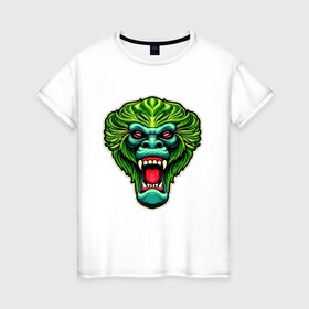 Женская футболка хлопок с принтом Злая зеленая обезьяна в Петрозаводске, 100% хлопок | прямой крой, круглый вырез горловины, длина до линии бедер, слегка спущенное плечо | агрессия | зеленая | злая | зубы | обезьяна | оскал