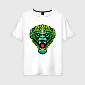 Женская футболка хлопок Oversize с принтом Злая зеленая обезьяна в Петрозаводске, 100% хлопок | свободный крой, круглый ворот, спущенный рукав, длина до линии бедер
 | агрессия | зеленая | злая | зубы | обезьяна | оскал