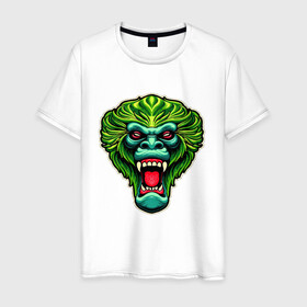 Мужская футболка хлопок с принтом Злая зеленая обезьяна в Петрозаводске, 100% хлопок | прямой крой, круглый вырез горловины, длина до линии бедер, слегка спущенное плечо. | агрессия | зеленая | злая | зубы | обезьяна | оскал