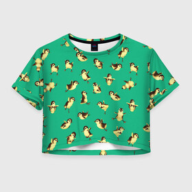 Женская футболка Crop-top 3D с принтом Цыплята в Петрозаводске, 100% полиэстер | круглая горловина, длина футболки до линии талии, рукава с отворотами | воробьи | гуси | гусь | птенец | птицы | цыпа | цыплёнок | цыплята