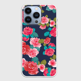 Чехол для iPhone 13 Pro с принтом Цветочный узор из красных роз в Петрозаводске,  |  | botanical | fantasy | floral | flower bouquet | garden | pattern | pink roses | red roses | ботаника | букет роз | бутоны | весна | красные розы | лепестки роз | лето | паттерн | реалистичные цветы | розовые розы | розы | садовая роза | флор