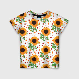 Детская футболка 3D с принтом Оранжевые летние подсолнухи в Петрозаводске, 100% гипоаллергенный полиэфир | прямой крой, круглый вырез горловины, длина до линии бедер, чуть спущенное плечо, ткань немного тянется | flower | flowers | pattern | summer | sunflower | sunflower pattern | sunflowers | wildflowers | астра | астровые | веснушки | лето | паттерн | подсолнечник однолетний | подсолнух | полевые цветы | рисунок подсолнухов | узор