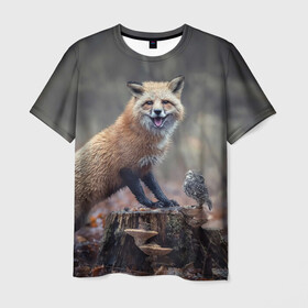 Мужская футболка 3D с принтом Лисица и птичка в Петрозаводске, 100% полиэфир | прямой крой, круглый вырез горловины, длина до линии бедер | Тематика изображения на принте: fox | foxy | животное | звери | лиса | лисенок | лисичка | милая | рыжая | фокс