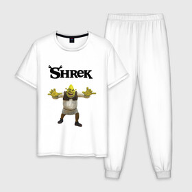 Мужская пижама хлопок с принтом Shrek в Петрозаводске, 100% хлопок | брюки и футболка прямого кроя, без карманов, на брюках мягкая резинка на поясе и по низу штанин
 | shrek | аниме | мемы | мультфильм | персонажи | шрек