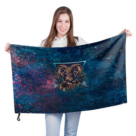 Флаг 3D с принтом Космос баран и цветы в Петрозаводске, 100% полиэстер | плотность ткани — 95 г/м2, размер — 67 х 109 см. Принт наносится с одной стороны | баран | гороскоп | космос | овен | овца | психоделика | цветы