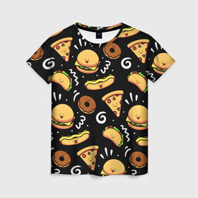 Женская футболка 3D с принтом Фастфуд в Петрозаводске, 100% полиэфир ( синтетическое хлопкоподобное полотно) | прямой крой, круглый вырез горловины, длина до линии бедер | burger | cheese | donut | food | hot dog | pizza | sandwich | бургер | еда | пицца | пончик | сыр | сэндвич | фастфуд | хот дог