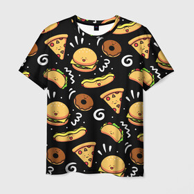Мужская футболка 3D с принтом Фастфуд в Петрозаводске, 100% полиэфир | прямой крой, круглый вырез горловины, длина до линии бедер | burger | cheese | donut | food | hot dog | pizza | sandwich | бургер | еда | пицца | пончик | сыр | сэндвич | фастфуд | хот дог
