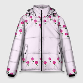 Мужская зимняя куртка 3D с принтом розовые цветы | pink flowers в Петрозаводске, верх — 100% полиэстер; подкладка — 100% полиэстер; утеплитель — 100% полиэстер | длина ниже бедра, свободный силуэт Оверсайз. Есть воротник-стойка, отстегивающийся капюшон и ветрозащитная планка. 

Боковые карманы с листочкой на кнопках и внутренний карман на молнии. | flower | green | pink | зеленый | розовые | цветок | цветы
