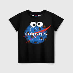 Детская футболка 3D с принтом Cookies в Петрозаводске, 100% гипоаллергенный полиэфир | прямой крой, круглый вырез горловины, длина до линии бедер, чуть спущенное плечо, ткань немного тянется | cookies | nasa | астронавт | астрономия | глазки | земля | космос | наса | печенье | печеньки | планета | смайл | спутник
